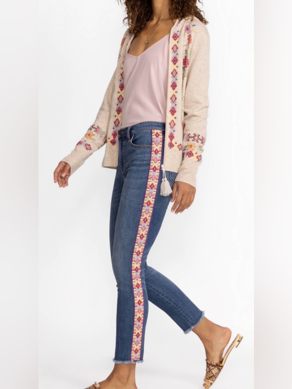 Johnny Was Blue Skinny Jeans with Pink & Orange Embroidered Side Panels